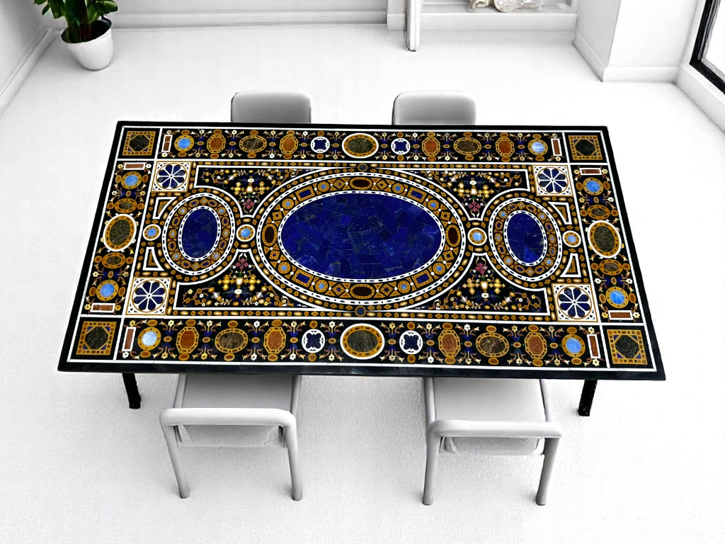 Black Marble Dining Table for Dining Room - Pietradura Mughal Era Inspired Modern Art